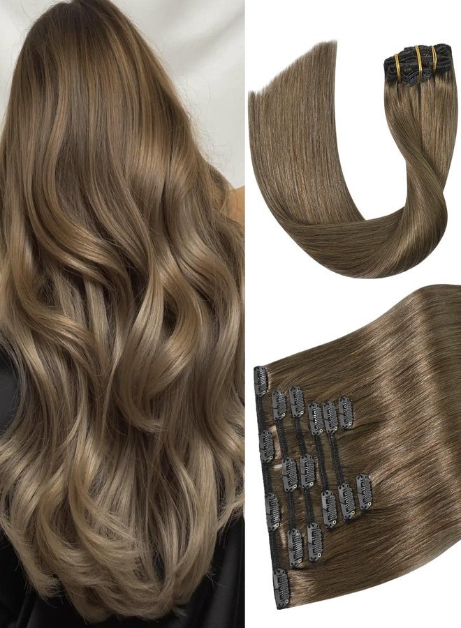 Aison Ash Brown Clip in Hair Extensions Real Human Hair 70G 100% Remy Human Hair Clip in Extensions for Women 7pcs 16clips (20 Inch #8) - Image 1